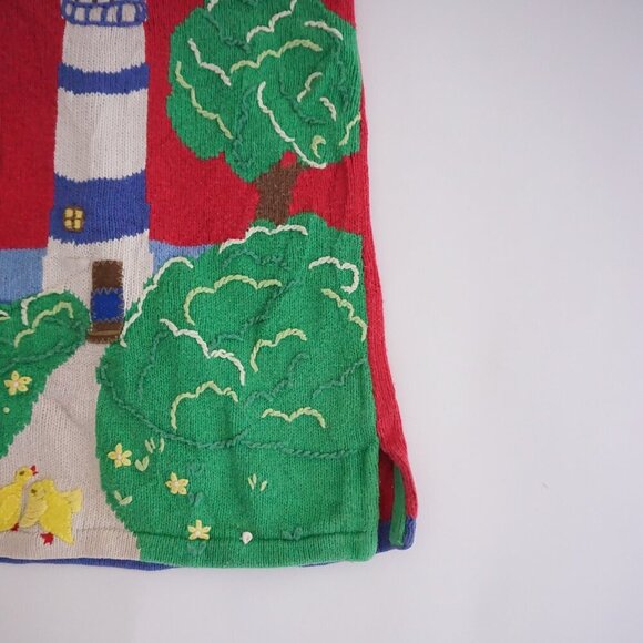 Vintage Quacker Factory Red Knit Nautical Lighthouse Cotton Crew Sweater 1X - Picture 2 of 9